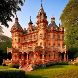 A light rosy orange colored enchanted chateau with gems designed in Mehndi design painted by George Inness