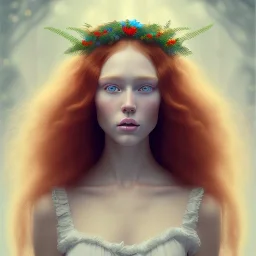 Perfect flawless Beautiful red-haired girl with gorgeous long curly hair and blue eyes in a wreath of hyper-realistic Rowan on her head, no mistakes, flawless painting, beautiful art, realistic, hyper-realistic, life-like; by Ricardo Chavez-Mendez; Deep Colors; 8K