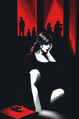 Image of a woman sitting alone, surrounded by shadowy figures whispering in her ear, suggesting the influence of manipulation and dark psychology on individual perceptions of attractiveness Give it a very dark frightening vibe. Use black and red theme.