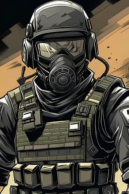 a man in black tactical gear and body armor with a ballistic helmet tinted goggles and a balaclava, drawn in a comic book style.