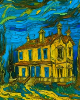 A yellow haunted mansion in a thunderstorm designed in Mexican folk art painted by Vincent van Gogh