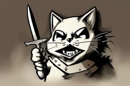 Cat diabolical smiling with a bloody knife with blood. Comic style