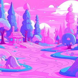 Pink and purple pastel cartoon forest with a cabin