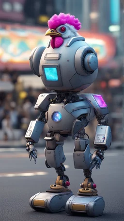 CHICKEN robot made of cotton candy, sci-fi, cyberpunk, full body, ultra realistic, virtual reality, cyberpunk city and colors