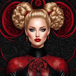 "full body portrait in close up of Pretty woman , pretty eyes, red lips, blond curly hair with bun, black shiny latex dress, black red complex background ,intricate swirls, tiny circles,, , vector fractal, wave function, Zentangle, 3d shading)"