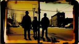 Street silhouettes during holidays, 35mm film, grain, VHS, Dark, tintype print combinated watercolor and rust art