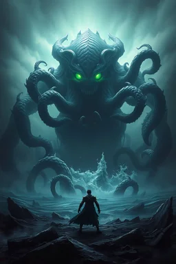 Create image depicts a dark, dystopian landscape engulfed by a colossal, monstrous entity rising from a chaotic sea. The massive creature, with glowing green eyes and numerous tentacles, looms menacingly over the scene, creating an apocalyptic atmosphere. Its many sharp claws and writhing tendrils emerge from the ocean, symbolizing unstoppable destruction. In the foreground, a humanoid figure stands defiantly amidst the chaos, appearing to battle the monstrous force. This figure is clad in alie