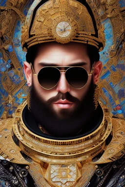 Artistic photo in the audacius style of Jill Greenberg, of man with a luxurious and striking style, abundance of jewelry, oversized square one-piece sunglasses, neat black beard, prints, extravagant, barroque scene , impasto style with thick texture