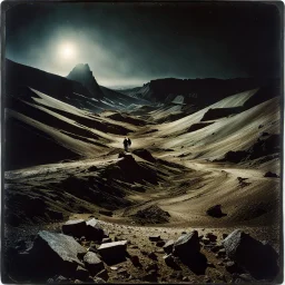 Photorealistic polaroid nothingness and distress, figures, hypnotic, obsessive, wooden void, wasteland night Max Ernst Hieronymus Bosch, volumetric light, shot on Hasselblad, movie shot, details of the terrain accentuated, nightmare, hypermaximalist