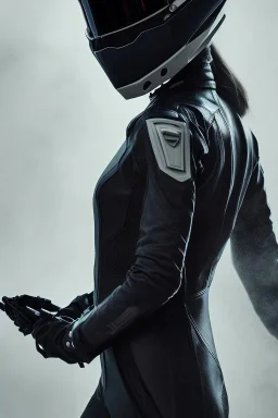 All Black racing suit AnnaSophia Robb, portrait, ghost mask, wearing high tech racing helmet, white smoke, dark, rage, sorrow, high definition, ultra 8 k, volumetric lighting, blue fire, fog