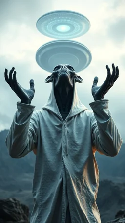 The creature from the the movie Prometheus with white hooded clothes raises hands up and looking up at ufo in the sky front view