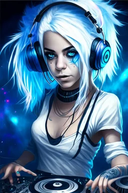 blue-white Haired Grey eyed Beautiful DJ girl spinning tunes at a disco club