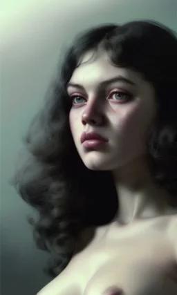 1970's porno model , cute, big droopy eyes, angelic face with minor blemishes, beautiful, long flowing hair, wavy hair, curly hair، black eyes, head and shoulders portrait, cinematic, misty atmosphere, 8k, resolution concept art portrait by Greg Rutkowski, Artgerm, WLOP, Alphonse Mucha dynamic lighting hyperdetailed intricately detailed, bokeh, Stunning 8k ektar film scan