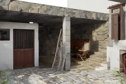 a swimming pool in the pateo of an Alentejo house with natural stone walls and 3d panels marble bookmatching