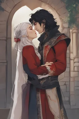 A couple from the dnd game curse of Strahd kissing. She has white hair he has long black hair. Romantic, sweet, loving, possessive, protective, kiss