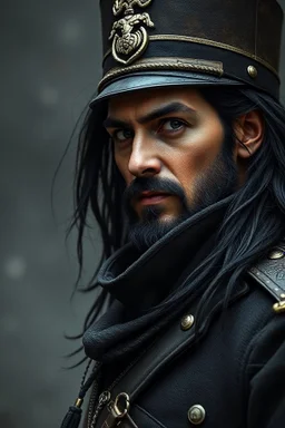 Jenkins khan , a High Commander of a Dieselpunk utopia in a ww2 military dress, up close, fantasy, High details, realistic design, dark vibes, 8k, male, long black hair