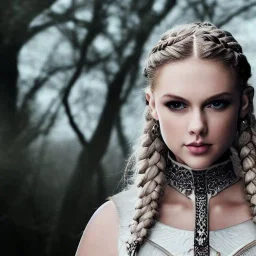 beautiful young queen with white armor, delicate white braided hair with ponytail, glass eyes, highly detailed, 8k, ambient light, taylor swift