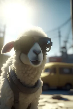 zoom shot on sheep ghost with sun glasses parachuting down to factory roof, bokeh like f/0.8, tilt-shift lens 8k, high detail, smooth render, down-light, unreal engine, prize winning, in the style of fallout 4 and gta 4