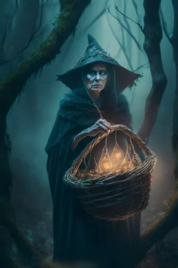 portrait of witch with shiny basket, prehistoric forest, trending art, 8k, depth of field, volumetric fog