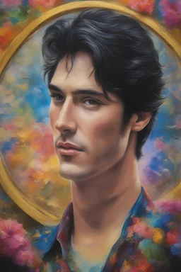 the portrait of Dorian Gray is the face of a clock, Paul Stanley/Elvis Presley/Keanu Reeves/Jon Bernthal, multicolored, large, Floral/rainbow designs, atmospheric, beautiful, oil painting by Boris Vallejo, 4k UHD, Photorealistic, professional quality