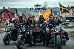 a very hard and tuff motorcycle young gang with Keltic hair , not old, posing with their Harley Davidsson bikes, some of them holding guns and shotguns, a logo sign with "FALKÖPING HD", "FEARLESS SINNERS" Skulls and bones, skeletons and fire, Swedish town Falköping in background, Swedish flags on bikes, Simon Stålenhag style