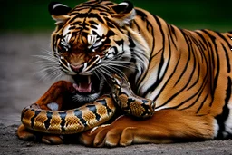 A python with its coils partially wrapped around a tiger. The python is thin but has a very long body, emphasizing the contrast with the tiger. The tiger, captured mid-action, is trying to bite the python. The high shutter speed freezes this intense moment, highlighting details like the textures of the python's scales and the tiger's fur, and the expression of struggle and defense. The background is a dense jungle with green foliage and vines. The rest of the python's body is visible, extending