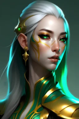 Female. Silver skin. Gold eyes. Warlock. Jade ponytail