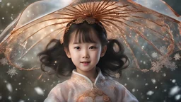 Magical Fantastic young happy Chinese female child, Liquid Structure, Flying snowflakes, excitement, Splash, Portrait Photography, Fantasy Background, Intricate Patterns, Ultra Detailed, Luminous, Radiance, Ultra Realism, Complex Details, Intricate Details, 16k, HDR, High Quality, Trending On Artstation, Sharp Focus, Studio Photo, Intricate Details, Highly Detailed