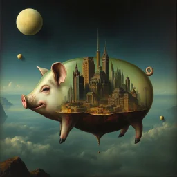 Vepic surreal matte oil painting, floating glass pig with a fantastical Alexander jansson cityscape inside, Visual embalming atmosphere, metaphorical, imagine if Zdzislaw Beksinski had conceived this, by Colin McCahon, visceral, unsettling, fantastically sophisticated