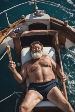 close aerial photography of a burly chubby muscular turkish fisherman happy sunbathing lying down on the large bow of a yachtin open sea, manly armpits, manly chest, hairy chest, ugly, 52 years old, curly beard, bullneck, short bulging ripped pants, muscular, emotive eyes, photorealistic, 35mm lens, Canon EOS, 8k , view from the ground