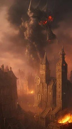 Instead of the pleasant, welcoming town you expected, you see columns of black smoke rising from burning medieval building, running figures, and a dark, winged shape wheeling low over the keep that rises above the center of the town.