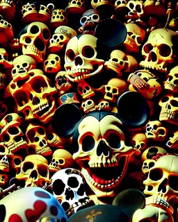 a picture of a dark, comedic, take on the deaths on the dangerous 50's show The Mickey Mouse Club, pluto's skull, minnie's skull, goofy's skull on dispaly, anatomically correct wall of tightly packed stacked skulls of varying sizes and expressions, all wearing mickey mouse ears, battle damaged, photo realistic, insanely meticulous, highly detailed, part of a collection of bones on display, dystopian, anatomically correct, war trophies, memorabilia,