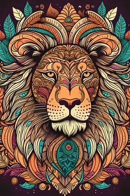 create a line art boho lion with maximilistic colours
