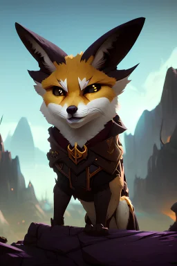 Fennec like creature, big furry tail, golden fur, dark nose, pointy dark ears, big eyes, in desert. D&D, fantasy, intricate, elegant, highly detailed, digital painting, artstation, octane render, concept art, matte, sharp focus, illustration, hearthstone, art by Artgerm and Greg Rutkowski and Alphonse Much
