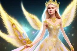 beautiful, very soft, smiling, very straight and long blonde hair, dewy and shiny vibe, diamond crown, long fairy wings in the back, full head, golden veil clothes, smiling, bachground light pink and blue