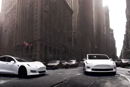 A Tesla 'Model S' is drifting at high speeds, on 'Wall Street', in New York. (CINEMATIC, WIDE ANGLE LENS, PHOTO REAL)