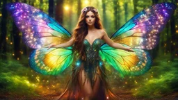 Full body Gorgeous Photography Realistic Natural Beautiful butterfly girl straddle wings with shiny brown flowing hair, glitter colorful butterfly wings, lovely glowing green eyes, surrounded by magical colorful forest and flickering lights, digital photography, kaleidoscope, vibrant colors, vivid colors, colorful, she walk in magic forest