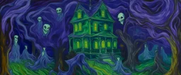 A purple haunted mansion with ghostly fairies painted by Vincent van Gogh