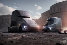 A Tesla 'Semi' (semi truck) is parked, within the trench of the Death Star. (CINEMATIC, WIDE ANGLE LENS, PHOTO REAL)