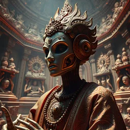 Photorealistic. Hypnotic Perspective. Space Opera, Psychonaut, Enlightenment, samadhi. Tantric Psychedelic Tripping robot Monk, hallucinating an illusion. Sparkles scintillate through the air. Everythings is covered in an intricate etched fractal paisley pattern.alien temple with hindu like sculptures and motifs.