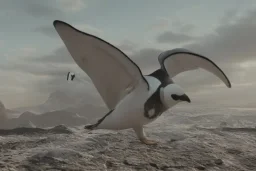 penguin flying in the sky with his two wings