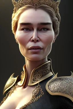 Cersei Lannister as evil queen in black leather, busty, cleavage, voluptuous, lena headay, angry, stern look. character design by cory loftis, fenghua zhong, ryohei hase, ismail inceoglu and ruan jia. unreal engine 5, artistic lighting, highly detailed, photorealistic, fantasy