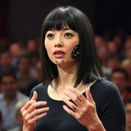 Female with straight dark hair and bangs with a full Vestigial synthetic mechanical face implant and ersatz multi-modal gadget facial appendages giving a speech, absurd psychology, metaphoric situational photograph, background is a TED talk symposium with crowd,