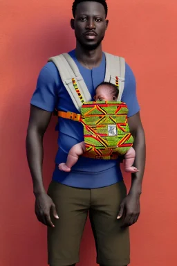 futuristic baby carrier in Kente, rusted clocks eyes, cinematic, scaffolding, ghana flag, african pattern symbols, black star, engraved, 8k quality