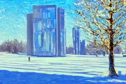 Sunny Day, futuristic buildings near the tree and frozen lake zone, sci-fi, impressionism painting