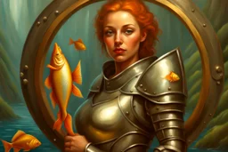 lady knight nice legs oil painting holding magical shield and fish