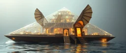 benign transparent superwood alien mega scifi pyramid katamaran ark boat with superwood draw bridge and wing doors