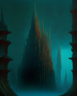 A vision of an city, in the style of dark fantasy art, intricate details, moody lighting, influenced by the works Zdzisław Beksiński, reflecting on the impermanence of humanity and the resilience of nature.