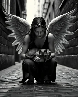 Prompt: An closeup portrait of a ultra-realistic black-and-white cinematic photograph with dramatic chiaroscuro lighting and a soft depth-of-field, inspired by fine art street photography. A guardian-like angelic woman with large, detailed wings crouches protectively in a narrow cobblestone alley, gently holding a sleeping Oriental Shorthair Siamese chocolate point cat in a clearly protective and caring posture, conveying safety, warmth, and compassion. The alley is enclosed by tall urban buildi