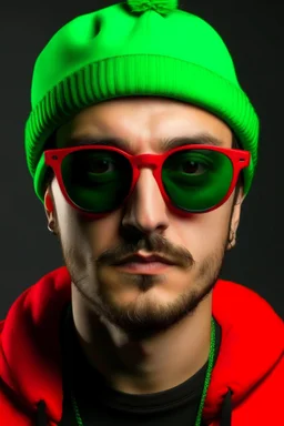 A yung caucasian shaved man with huge black sun glasses and a green winter hat and a red t-shirt